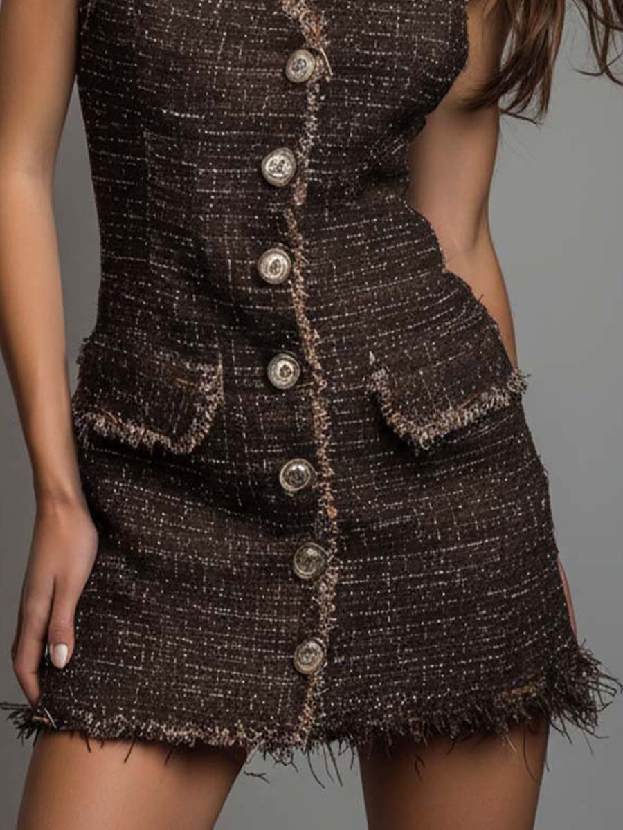 Button-Front Tweed Sleeveless Mini Dress - Image 3