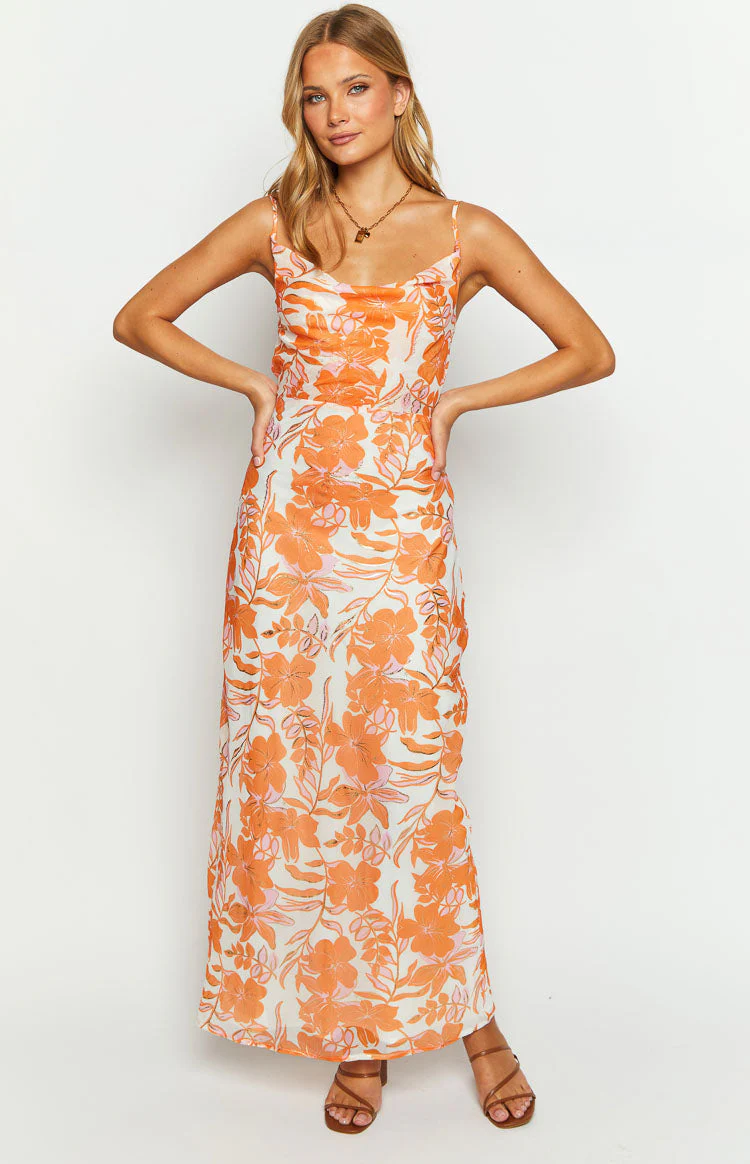 Cambri Orange Floral Chiffon Maxi Dress - Image 3