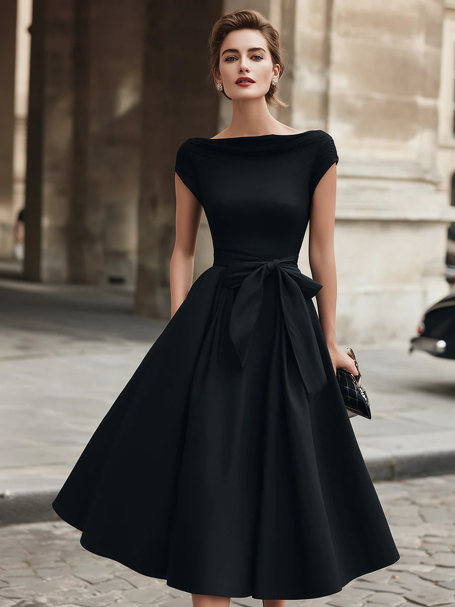 Cap-Sleeve Bow-Waist Midi Dress - Image 2