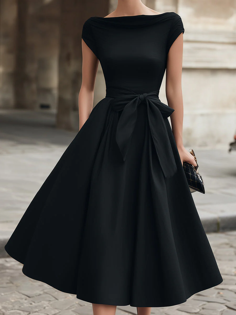 Cap-Sleeve Bow-Waist Midi Dress - Image 3
