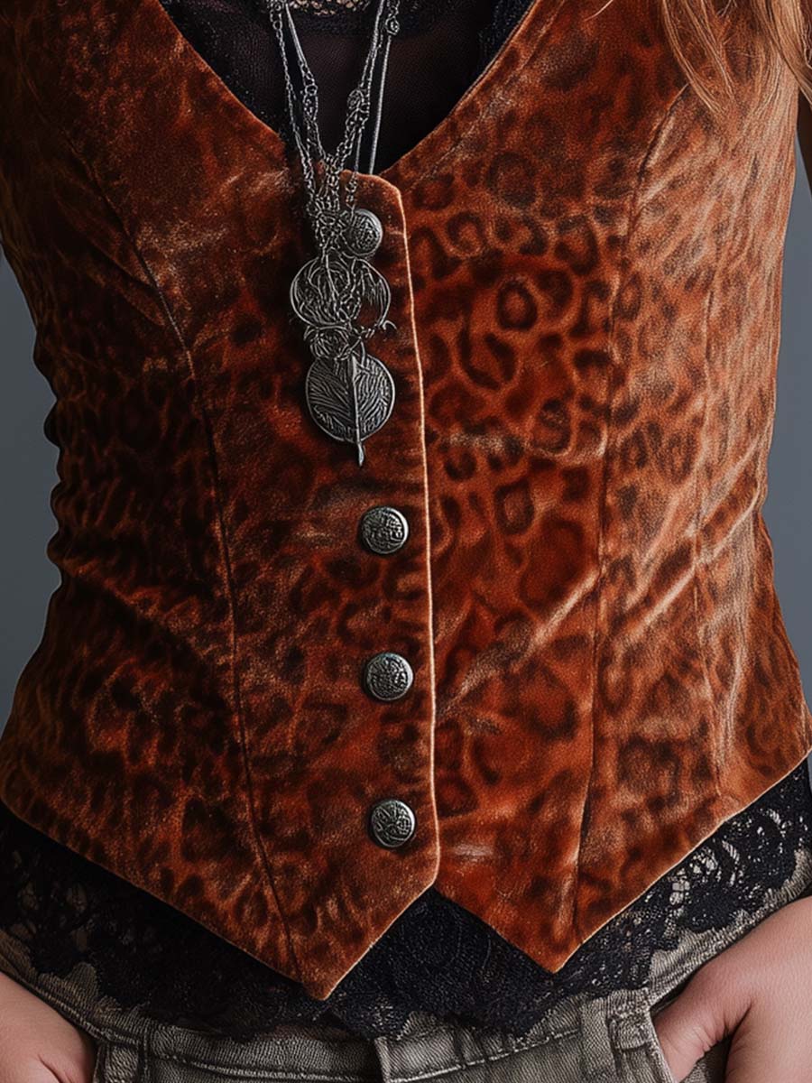 Caramel Velvet Leopard Lace Button Vest - Image 2