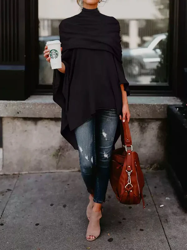 Casual Asymmetric Solid Color High-Neck T-Shirts Tops - Image 2