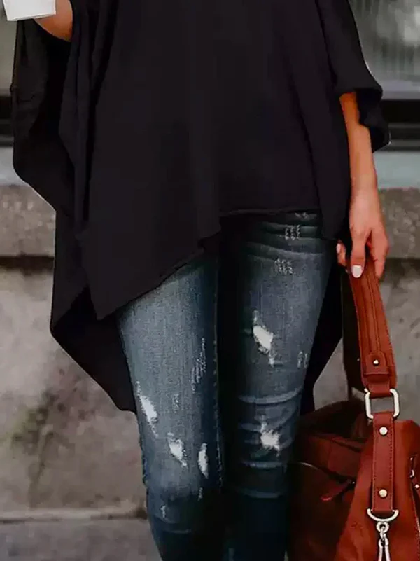 Casual Asymmetric Solid Color High-Neck T-Shirts Tops - Image 3