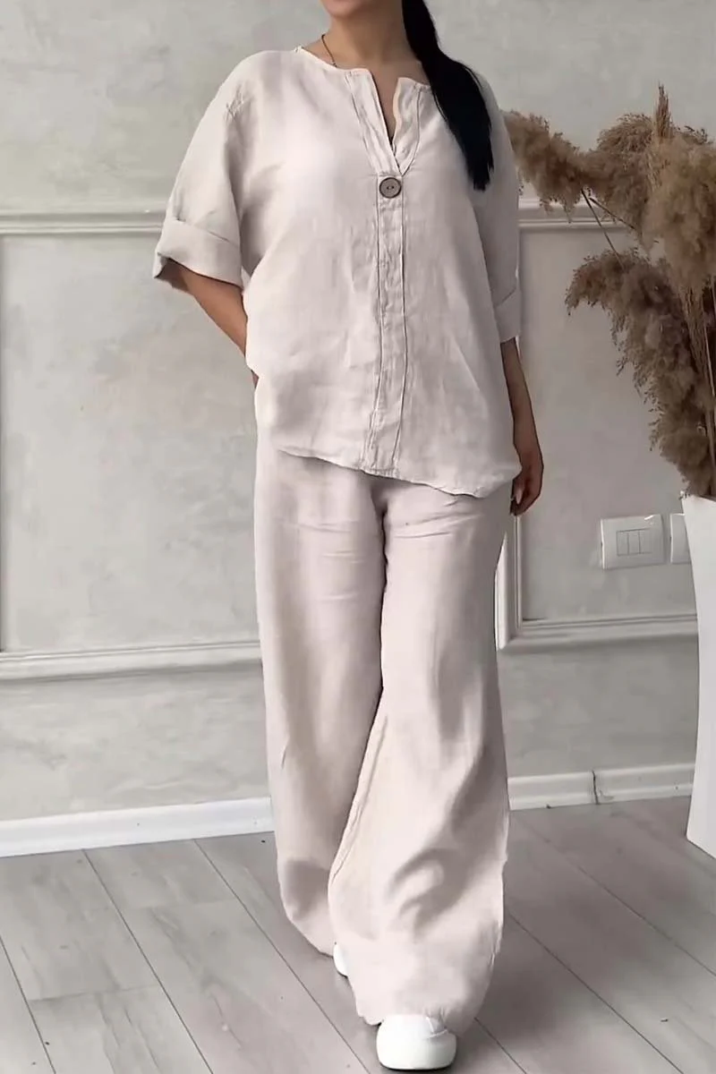 Casual button decorated cotton and linen two-piece set - Image 3