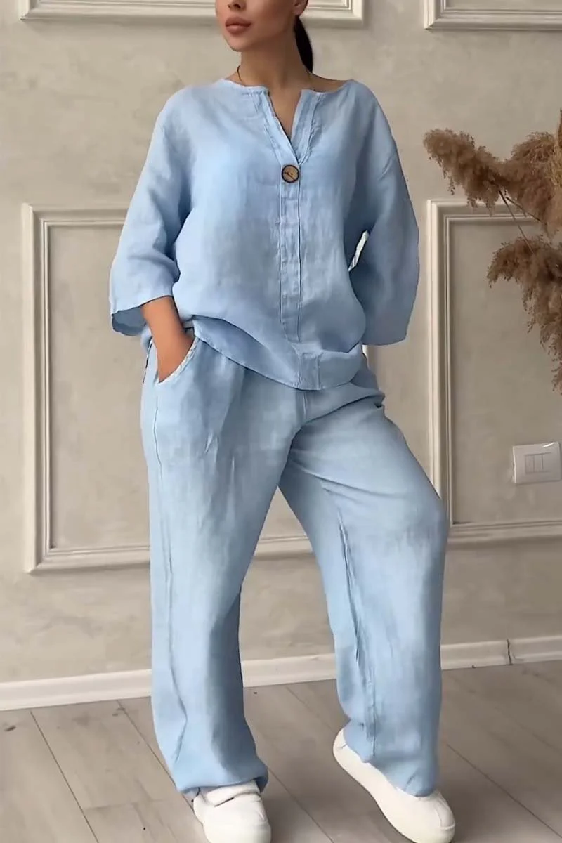 Casual button decorated cotton and linen two-piece set - Image 5
