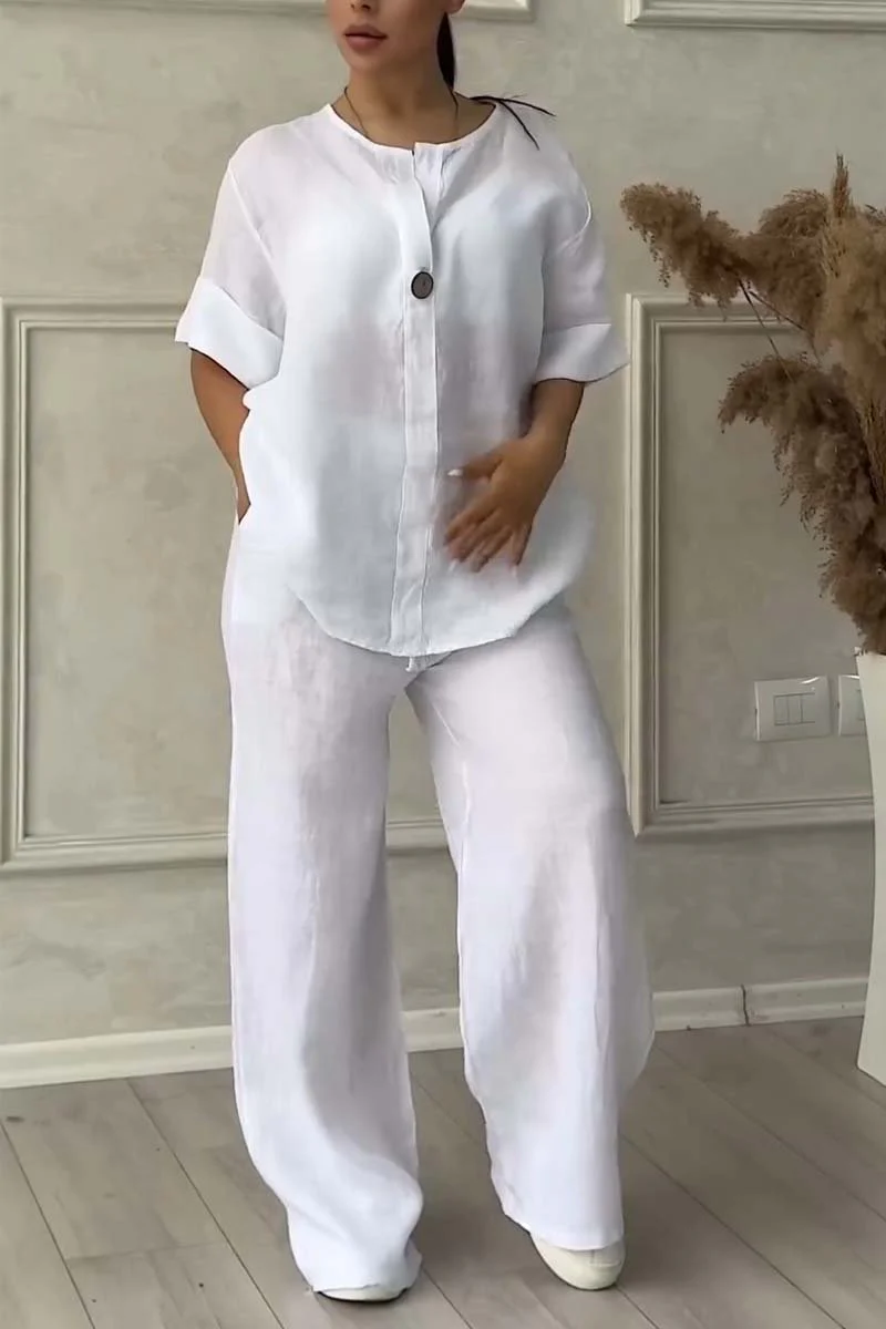 Casual button decorated cotton and linen two-piece set - Image 9