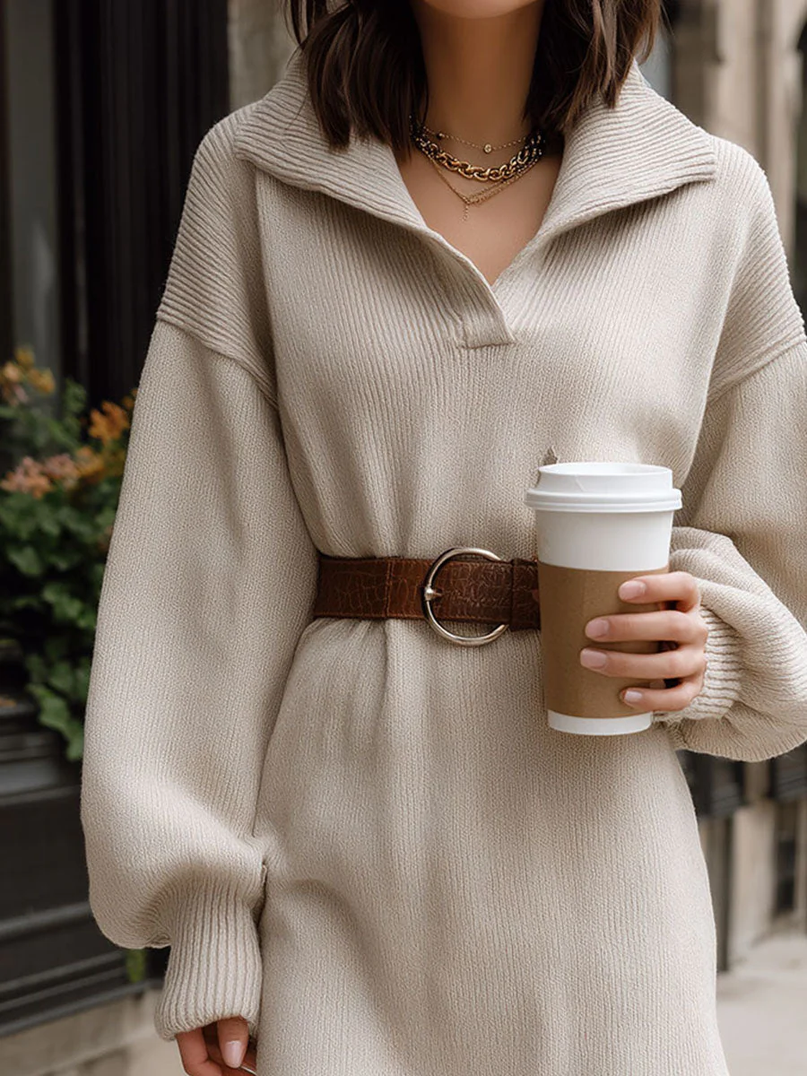 Casual Chic Open Collar Beige Knit Sweater Dress With Belted - Image 2