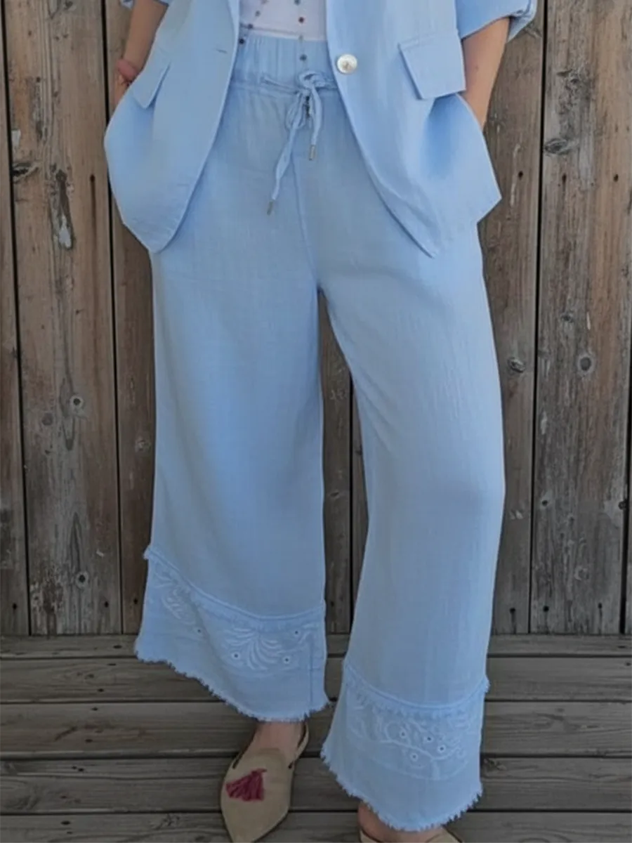 Casual Cozy Lace Patchwork Linen Trousers - Image 2