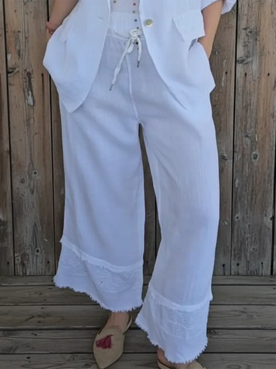 Casual Cozy Lace Patchwork Linen Trousers - Image 3
