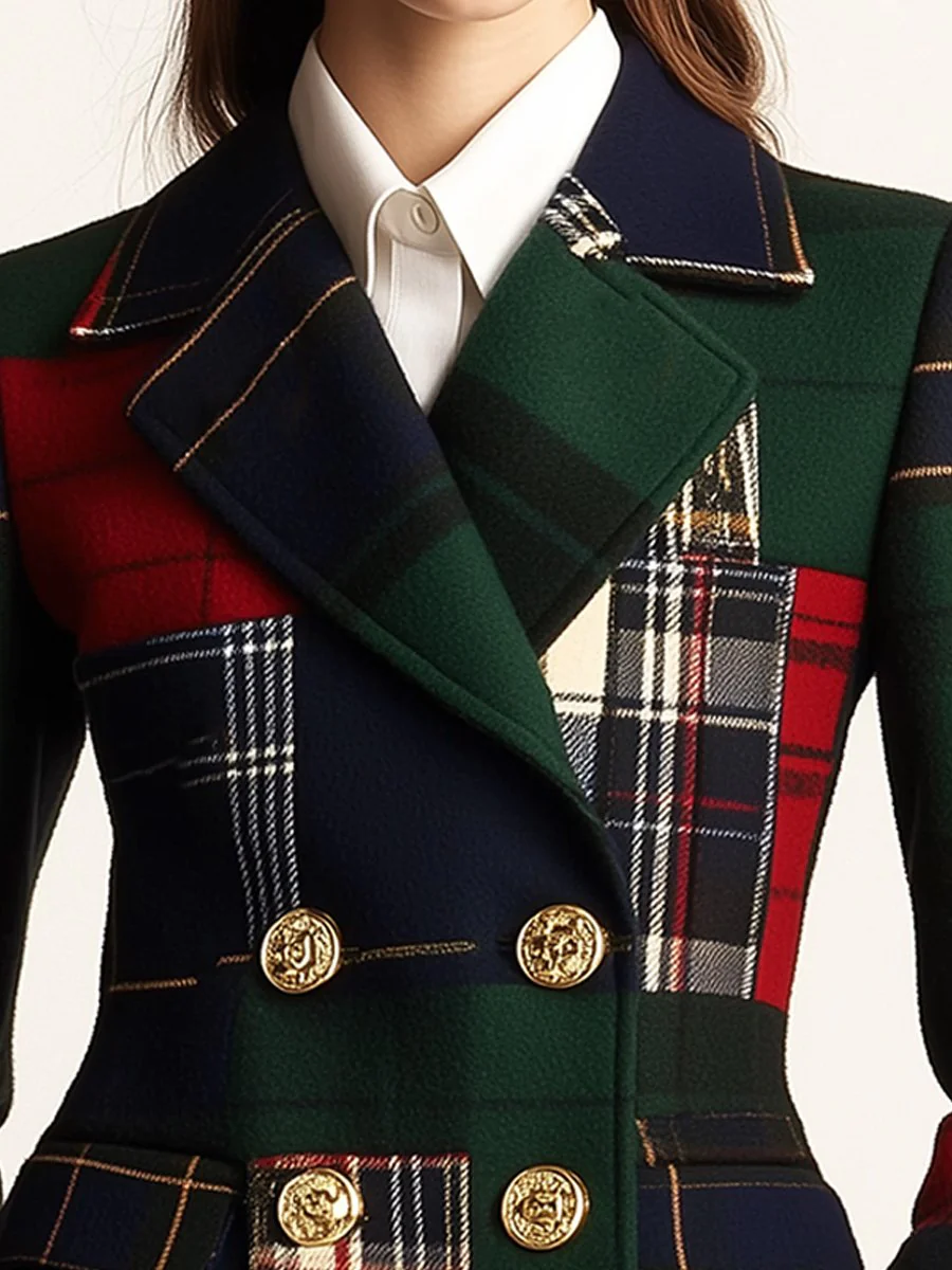 Casual Lapel Plaid Double-breasted Woolen Blazer - Image 2