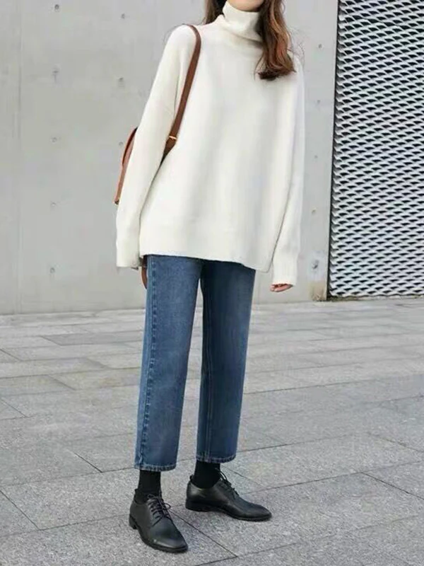 Casual Loose Long Sleeves Solid Color High-Neck Sweater Tops - Image 10