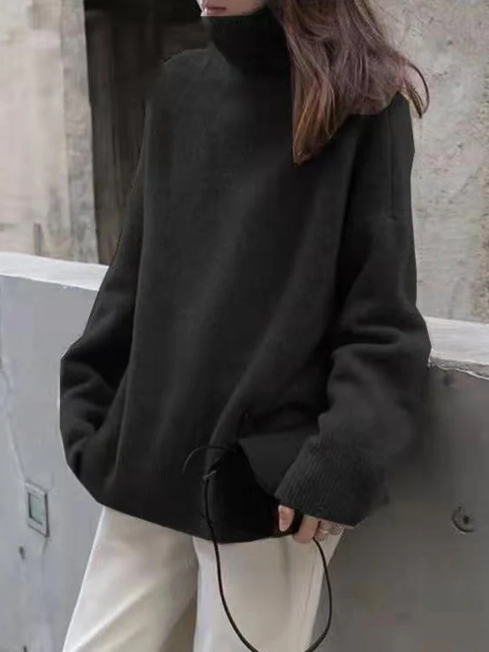 Casual Loose Long Sleeves Solid Color High-Neck Sweater Tops - Image 2
