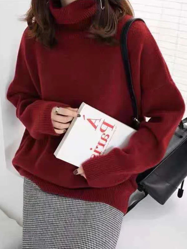 Casual Loose Long Sleeves Solid Color High-Neck Sweater Tops - Image 3