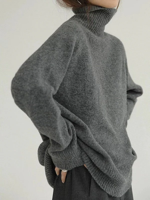 Casual Loose Long Sleeves Solid Color High-Neck Sweater Tops - Image 4