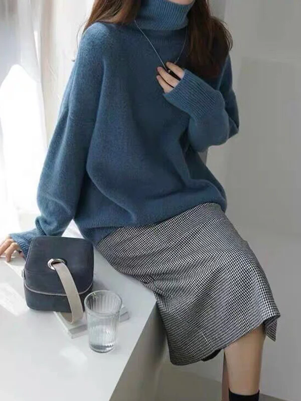 Casual Loose Long Sleeves Solid Color High-Neck Sweater Tops - Image 5