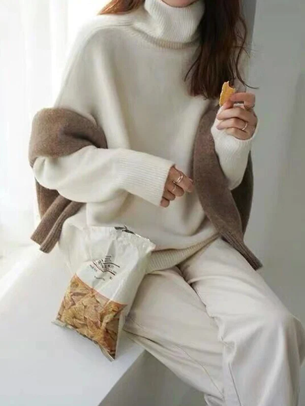 Casual Loose Long Sleeves Solid Color High-Neck Sweater Tops - Image 6