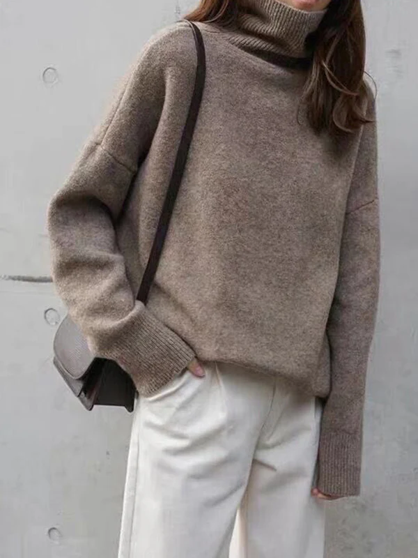 Casual Loose Long Sleeves Solid Color High-Neck Sweater Tops - Image 7