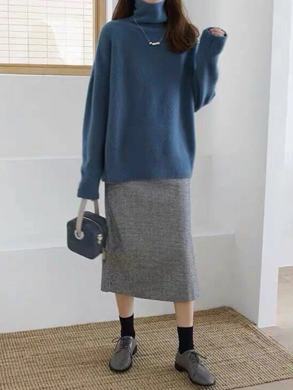Casual Loose Long Sleeves Solid Color High-Neck Sweater Tops - Image 8