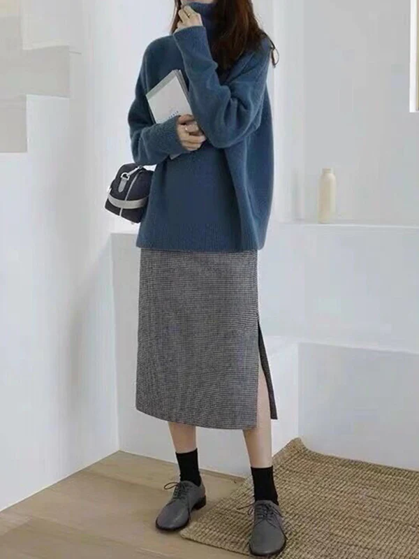 Casual Loose Long Sleeves Solid Color High-Neck Sweater Tops - Image 9