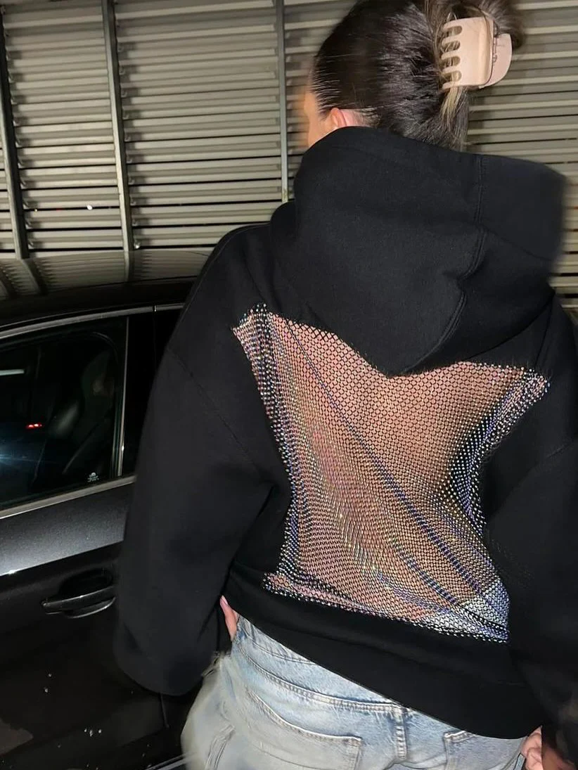 Casual Patchwork Mesh Diamond Hooded Sweatshirt - Image 4
