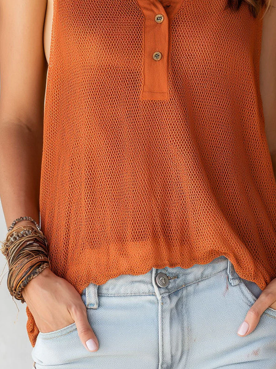 Casual Rust Lightweight Mesh Knit Sleeveless Polo Top - Image 3