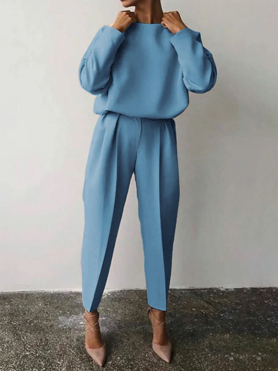 Casual Solid Color Round Neck Pencil Pants Suit - Image 3