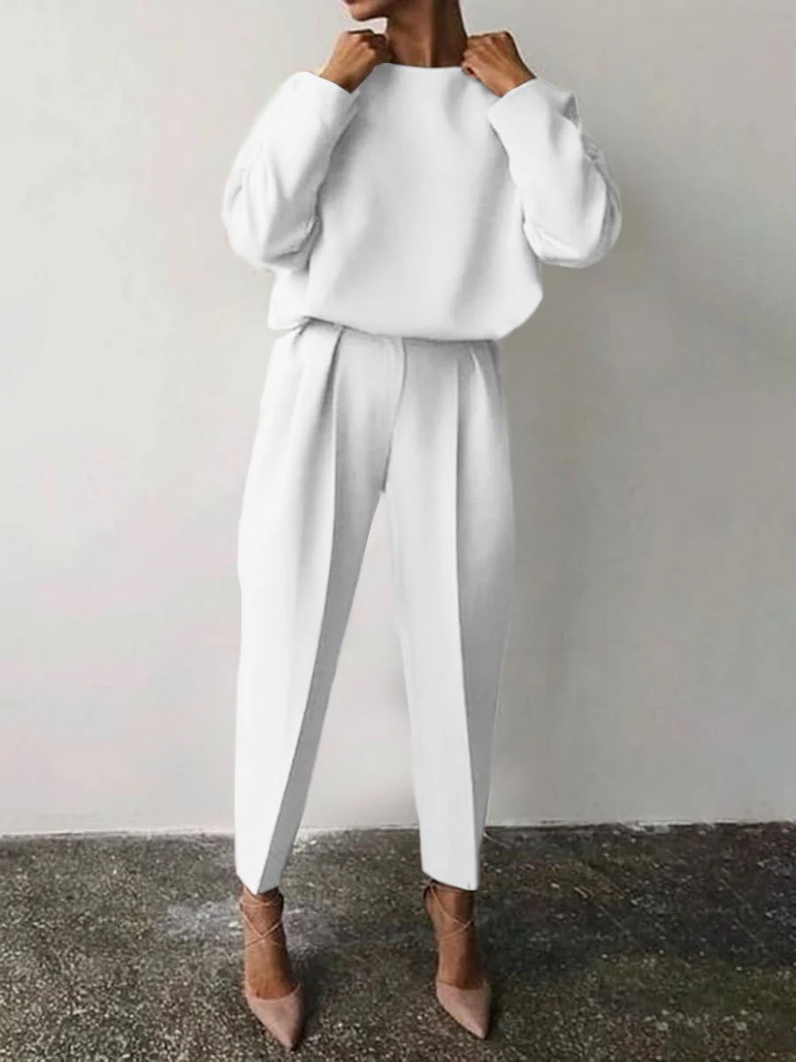 Casual Solid Color Round Neck Pencil Pants Suit - Image 4