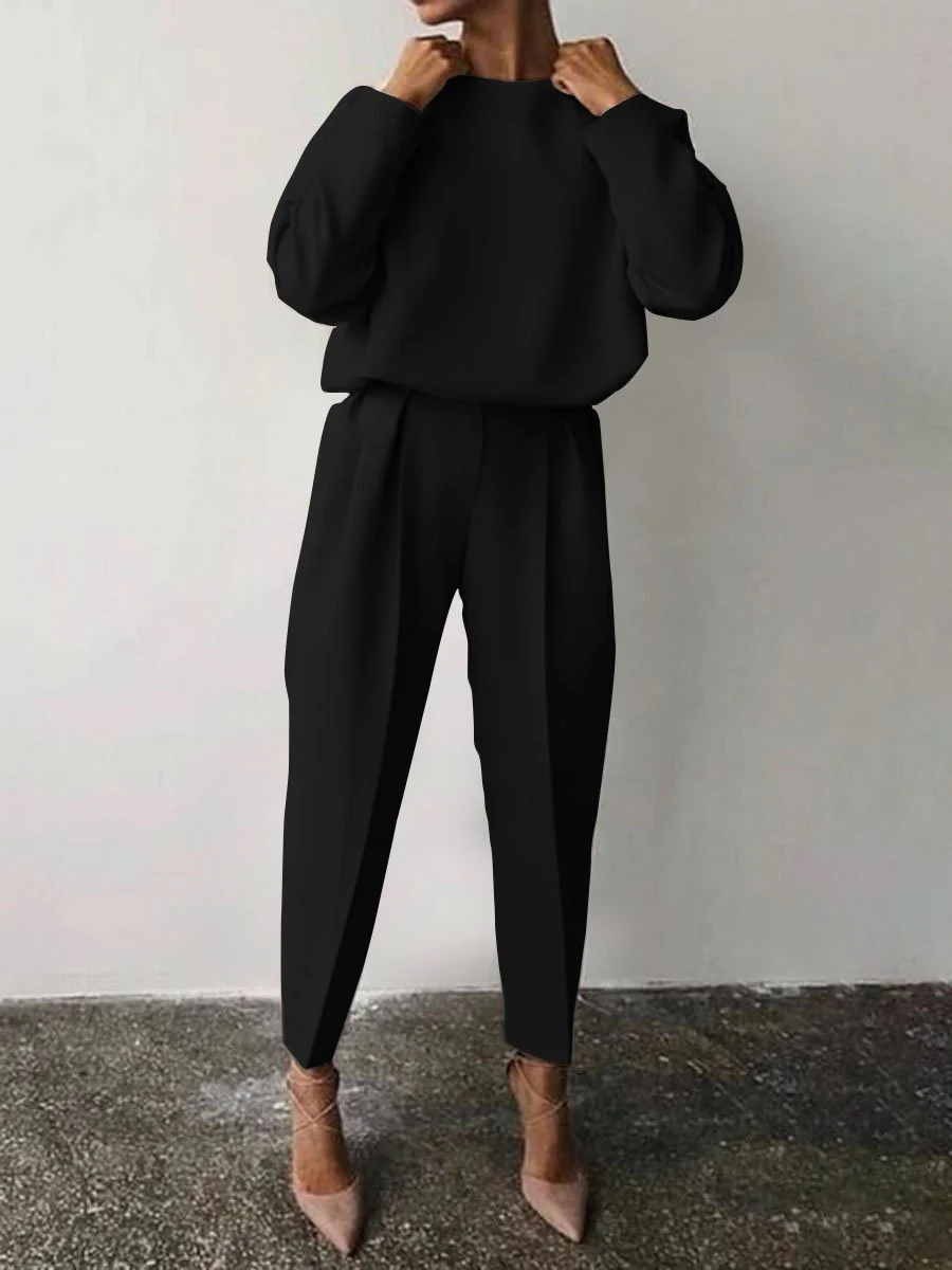 Casual Solid Color Round Neck Pencil Pants Suit - Image 5