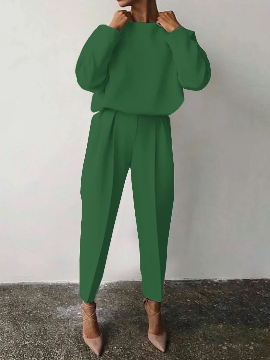 Casual Solid Color Round Neck Pencil Pants Suit - Image 6