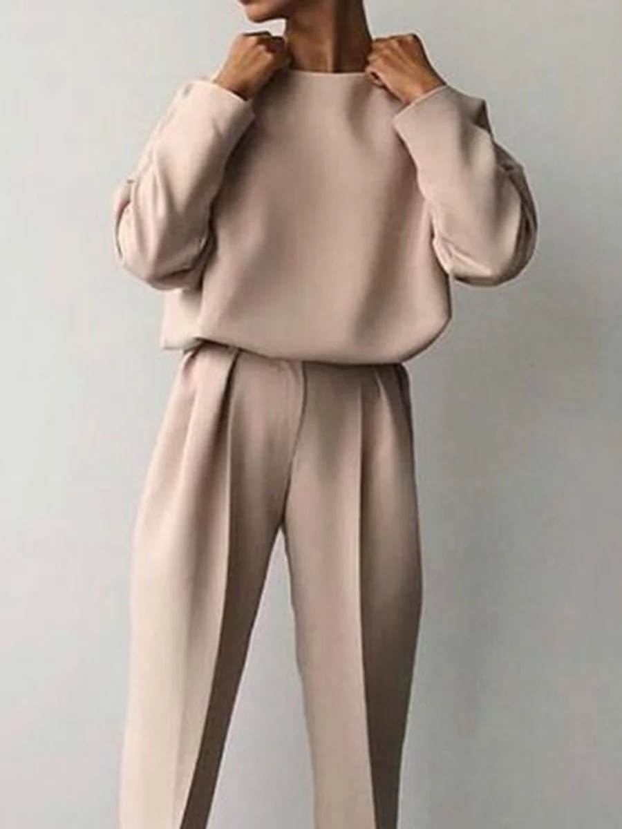 Casual Solid Color Round Neck Pencil Pants Suit - Image 7