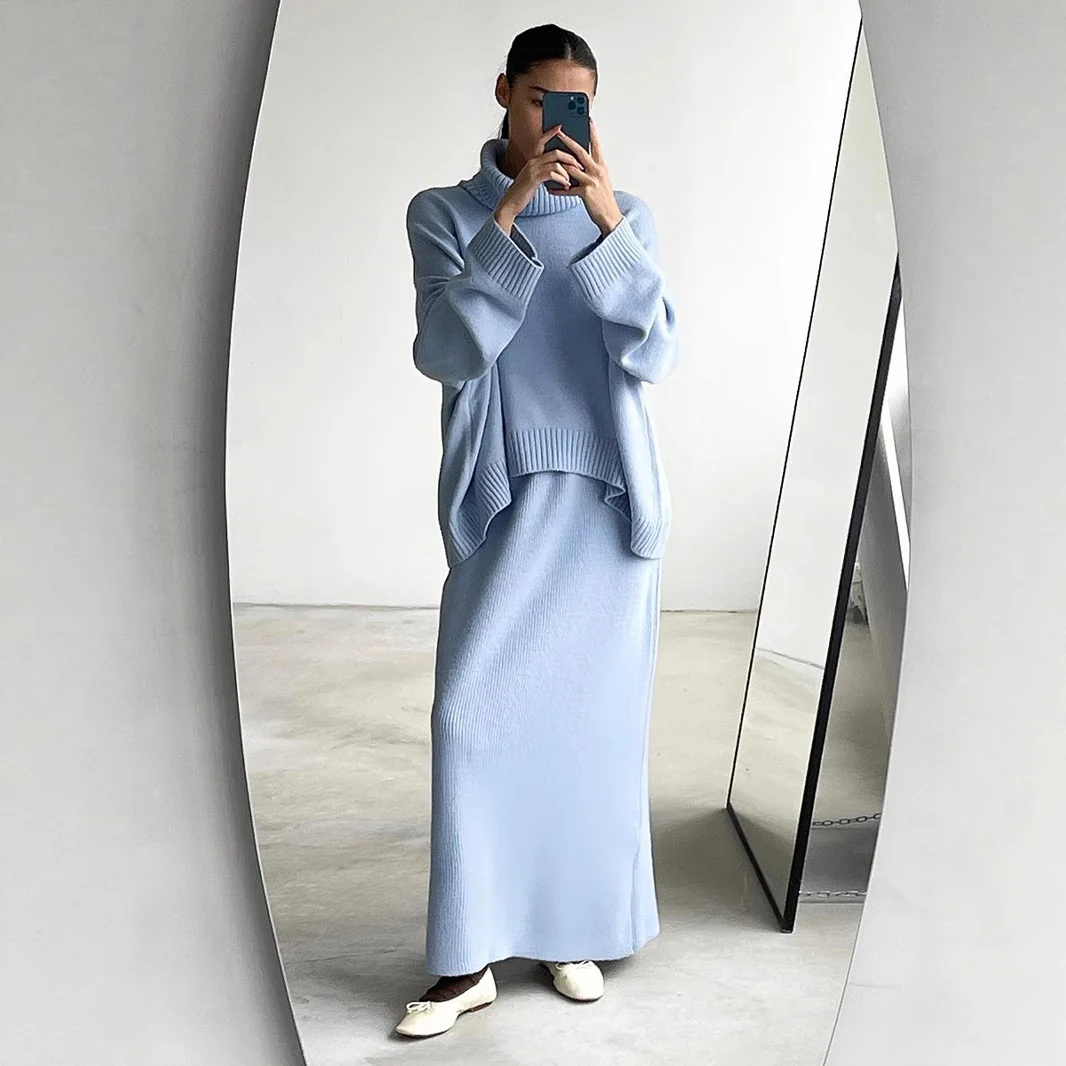 Casual Solid Color Turtleneck Sweater Skirt Suit