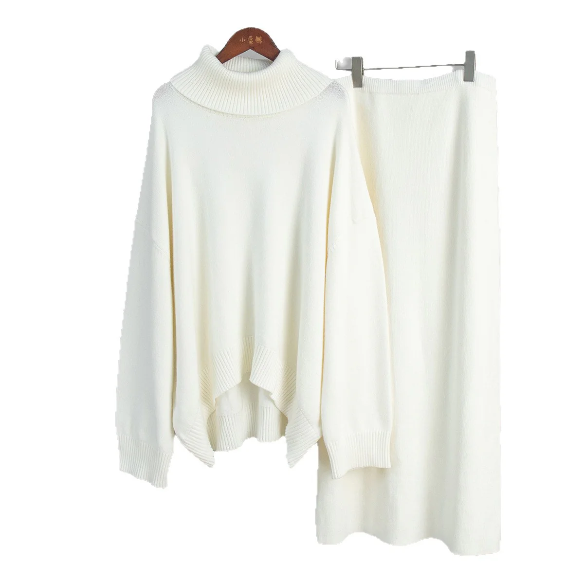 Casual Solid Color Turtleneck Sweater Skirt Suit - Image 5