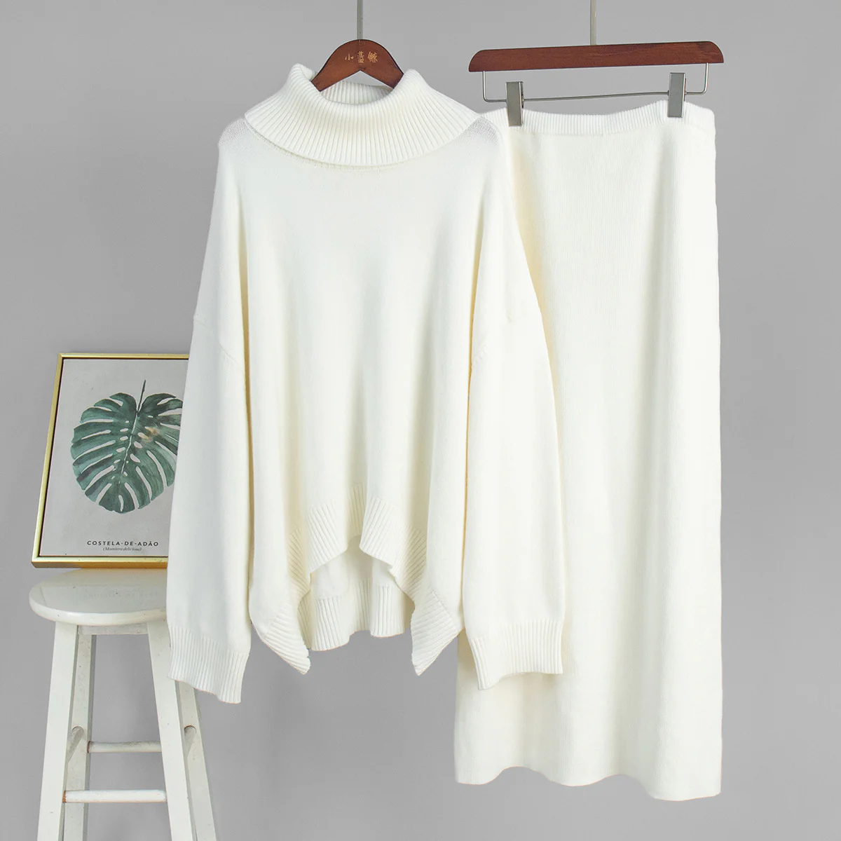 Casual Solid Color Turtleneck Sweater Skirt Suit - Image 6