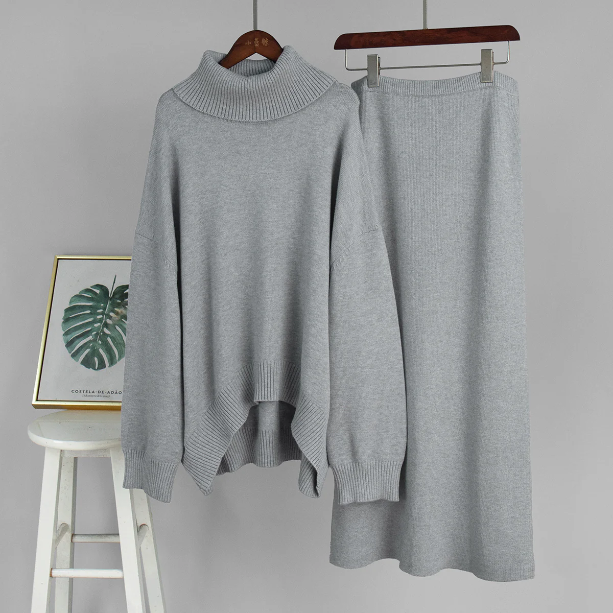 Casual Solid Color Turtleneck Sweater Skirt Suit - Image 7