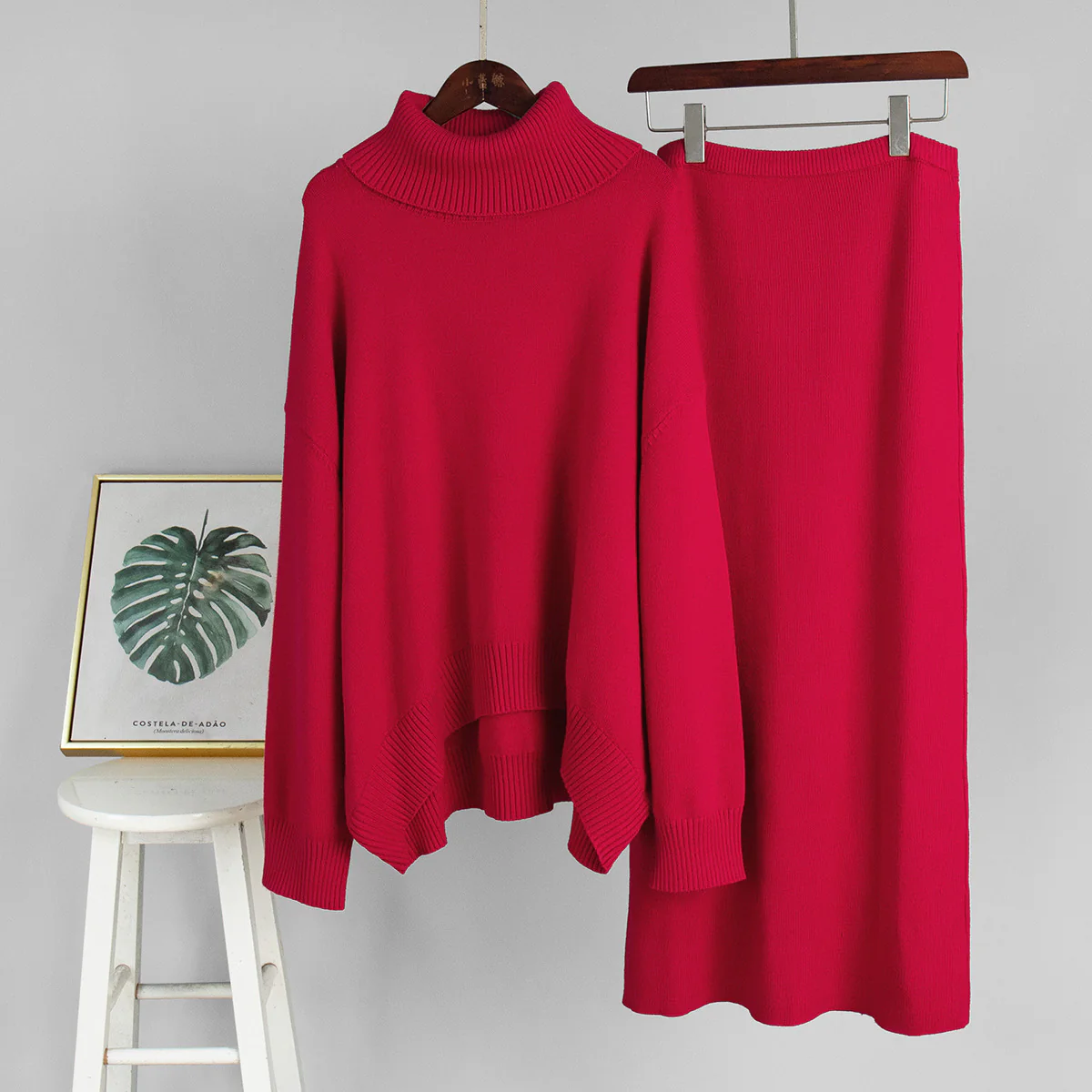 Casual Solid Color Turtleneck Sweater Skirt Suit - Image 8