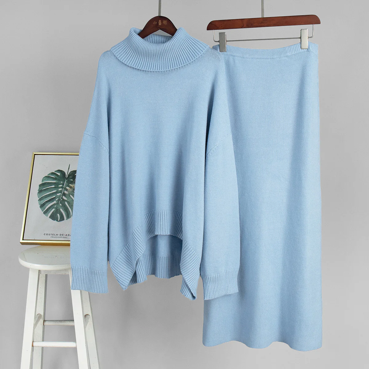 Casual Solid Color Turtleneck Sweater Skirt Suit - Image 9
