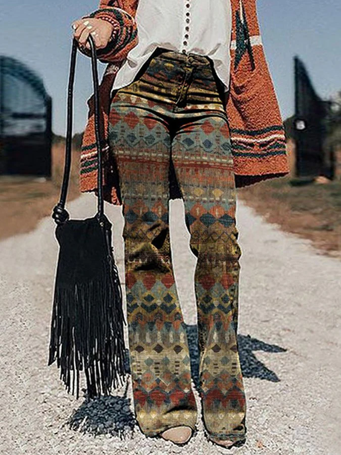 Casual Vintage Print Trousers - Image 3