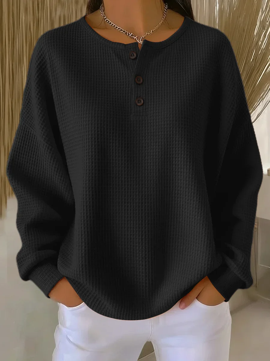 Casual Waffle Henry Collar Sweatshirt - Image 2