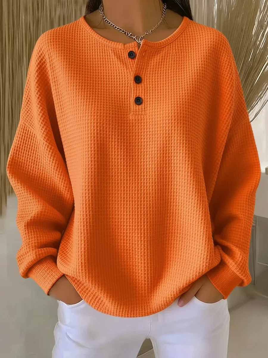 Casual Waffle Henry Collar Sweatshirt - Image 3