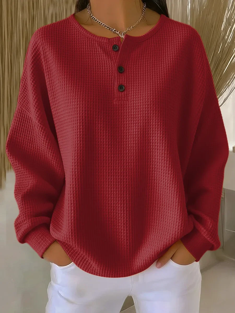 Casual Waffle Henry Collar Sweatshirt - Image 3