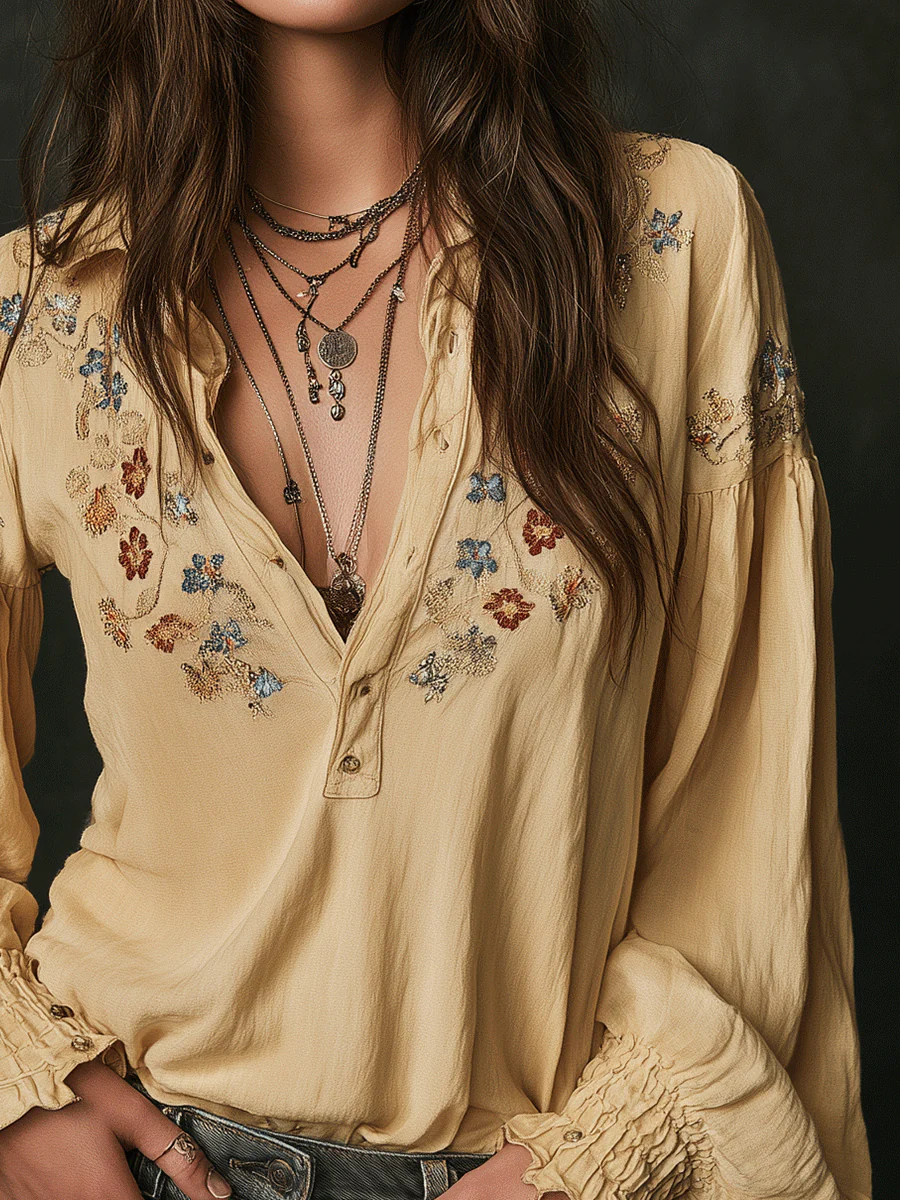 Casual Yellow Floral Embroidered Cotton Shirt - Image 3