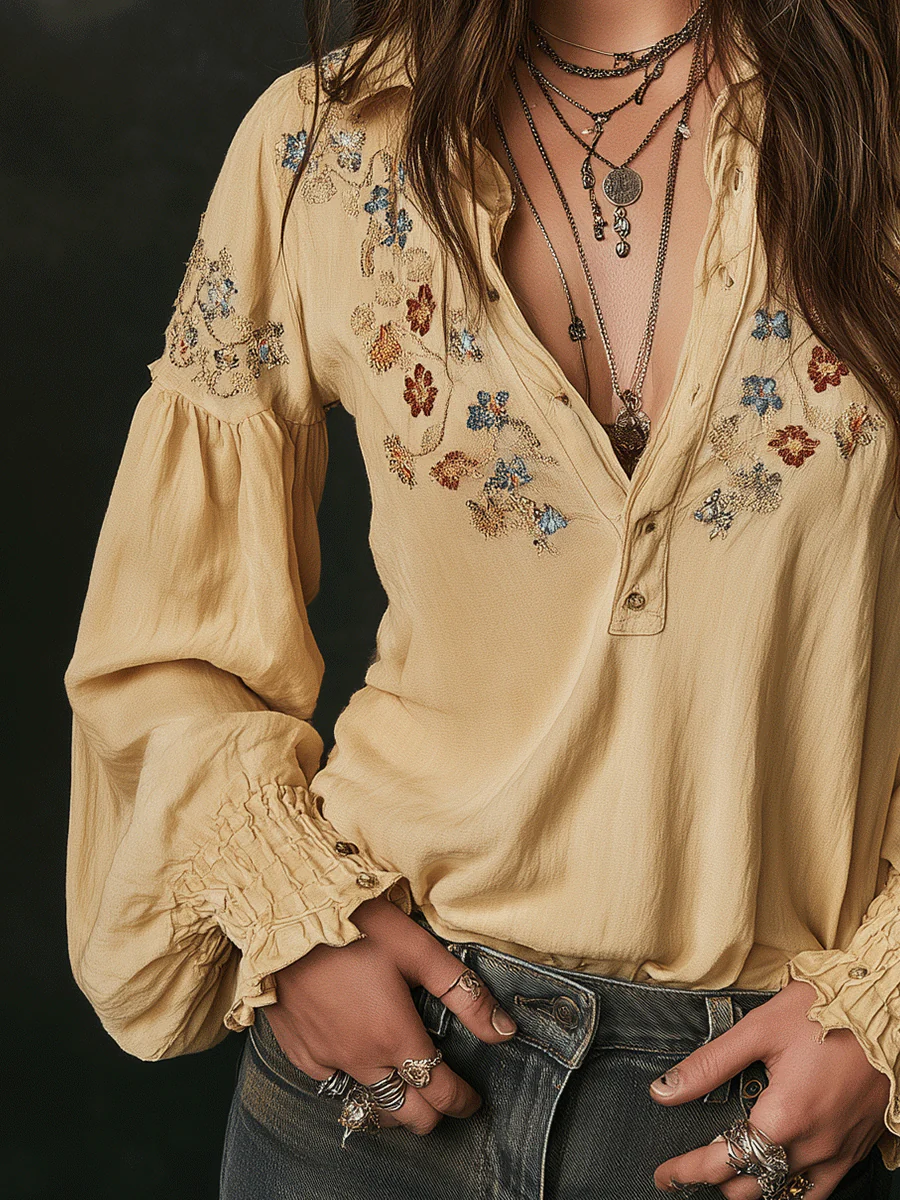 Casual Yellow Floral Embroidered Cotton Shirt - Image 4