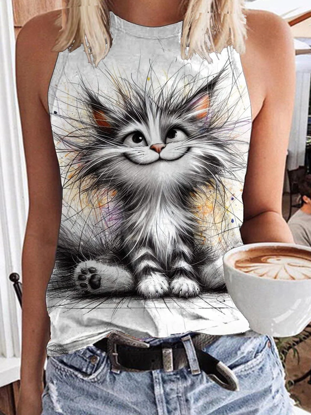 Cat Art Print Casual Short Sleeve T-shirt - Image 3