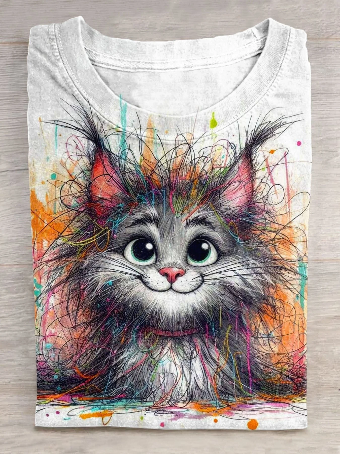 Cat Art Print Casual Short Sleeve T-shirt - Image 5