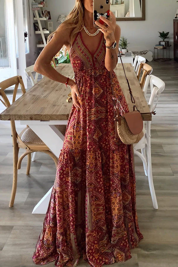 Celeste Boho Printed Strap Elastic Waist Maxi Dresses - Image 10