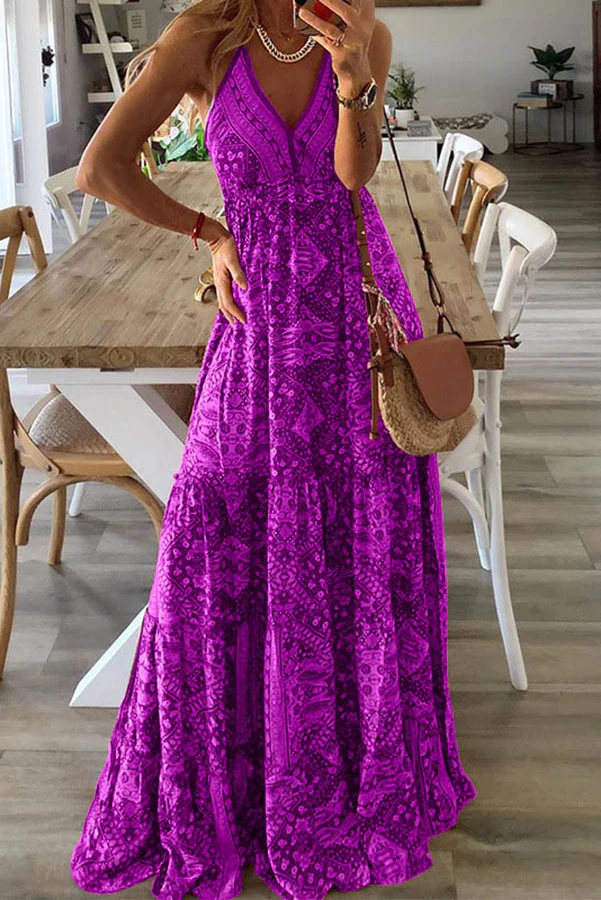 Celeste Boho Printed Strap Elastic Waist Maxi Dresses - Image 5