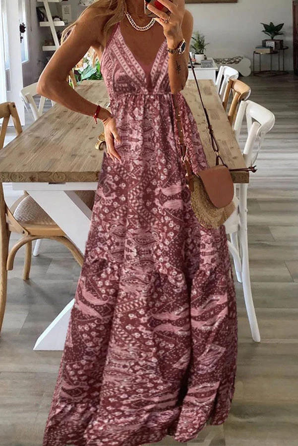 Celeste Boho Printed Strap Elastic Waist Maxi Dresses - Image 7