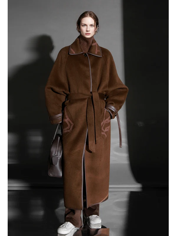 Chain Pattern Wool Coat for Women – Double-Faced Alpaca Wool Overcoat with Leather Trim, Chic Oversized Silhouette Winter Outerwear - Image 10