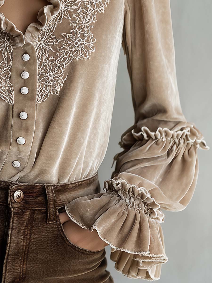 Champagne Beige Floral Embroidered Ruffled Velvet Shirt - Image 2