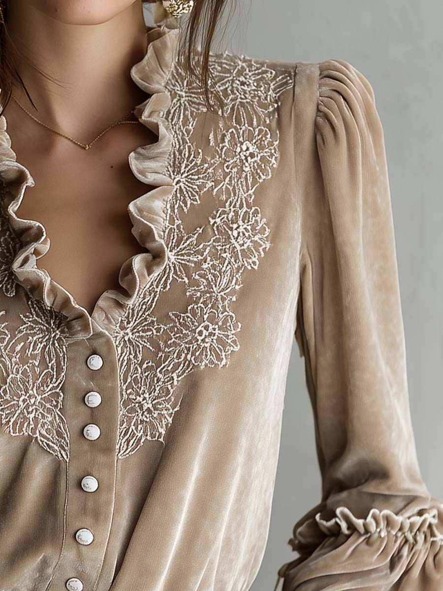 Champagne Beige Floral Embroidered Ruffled Velvet Shirt - Image 3